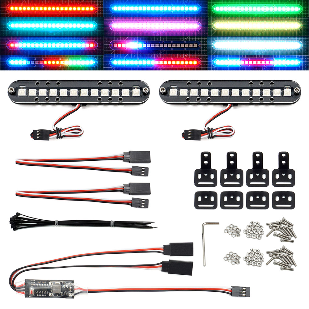 Rc Crawler Led Light Kit Controller - ラジコンカー用LEDライトキット,2つのライトバー,28の照明モード,ルーフランプ,ヘッドライト,テール,バンパー,トラクサス,トラッククローラー,タミヤロシ,hpi